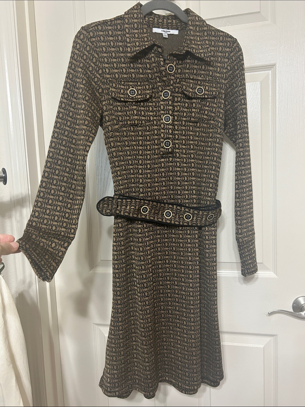 Vertigo Paris Brown Printed Long-Sleeve Belted Shirt Dress